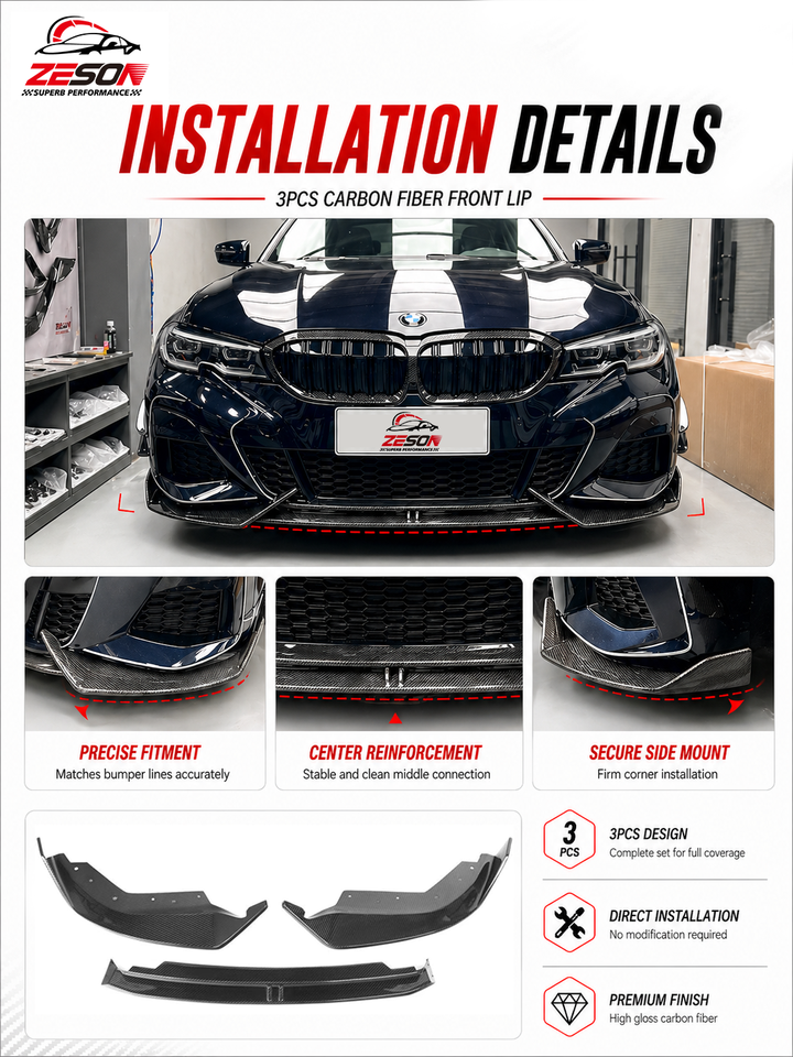 2019-2022 G20/G28 BMW 3 Series Pre-LCI (330i/M340i M Sport) Carbon Fiber Front Lip - AD Style | Splitter & Chin Spoiler โ photo 4