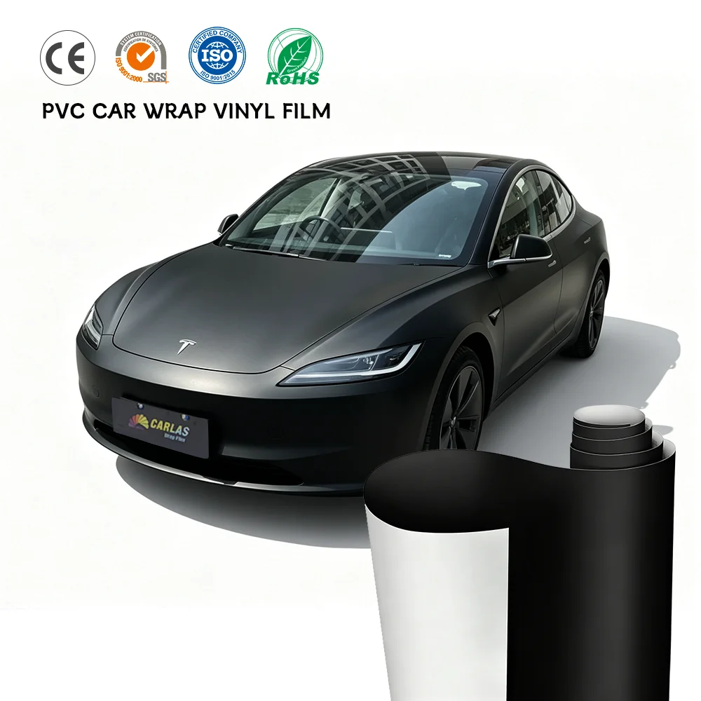 Carlas 1.52x16.5m Roll Pvc Car Wrapping Film,Frosted Black Vinyl Wrap,Anti-scratch Removable Automotive Body Decoration Film