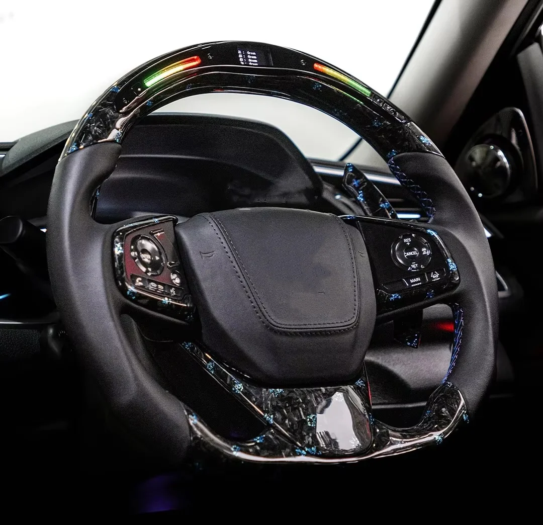 Forged Carbon Fiber Led Steering Wheel For Honda Civic 10th Gen 2016-2021 - Blue Stripe Racing Interior Upgrade