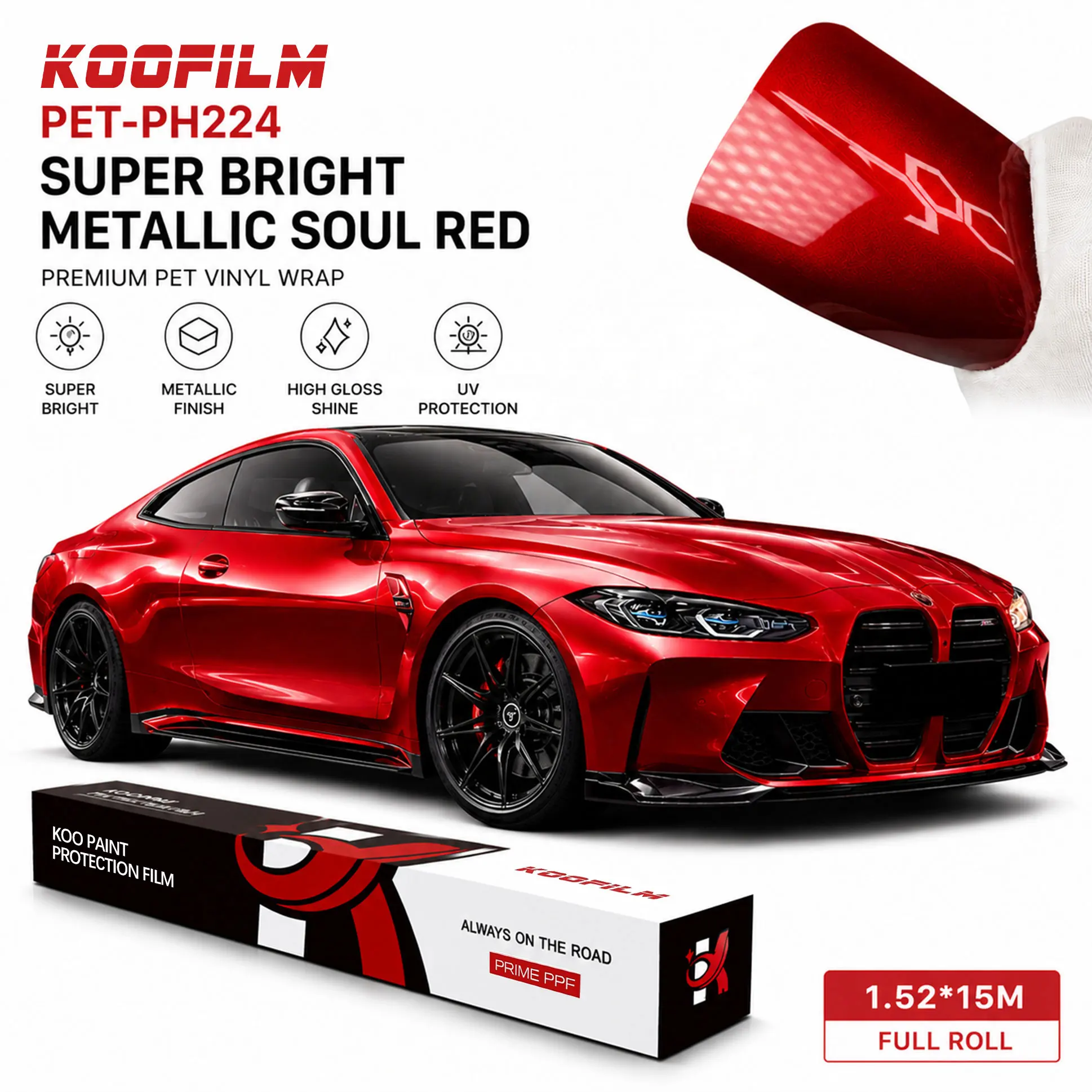 High Quality Pvc Car Wrap Vinyl 1.52*16m Super Bright Metallic Soul Red Color Changing Body Wrapping Anti-scratch And Uv Proof