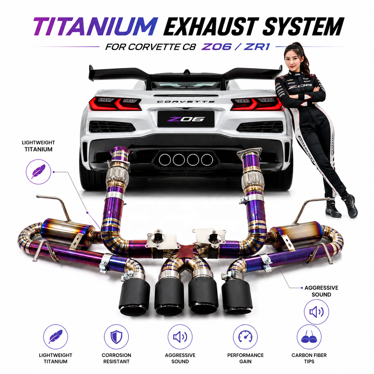 ING Titanium Exhaust System for Corvette C8 Z06 Catback Exhaust Work for OEM Valves with Mufflers Carbon Fiber Tips Cars