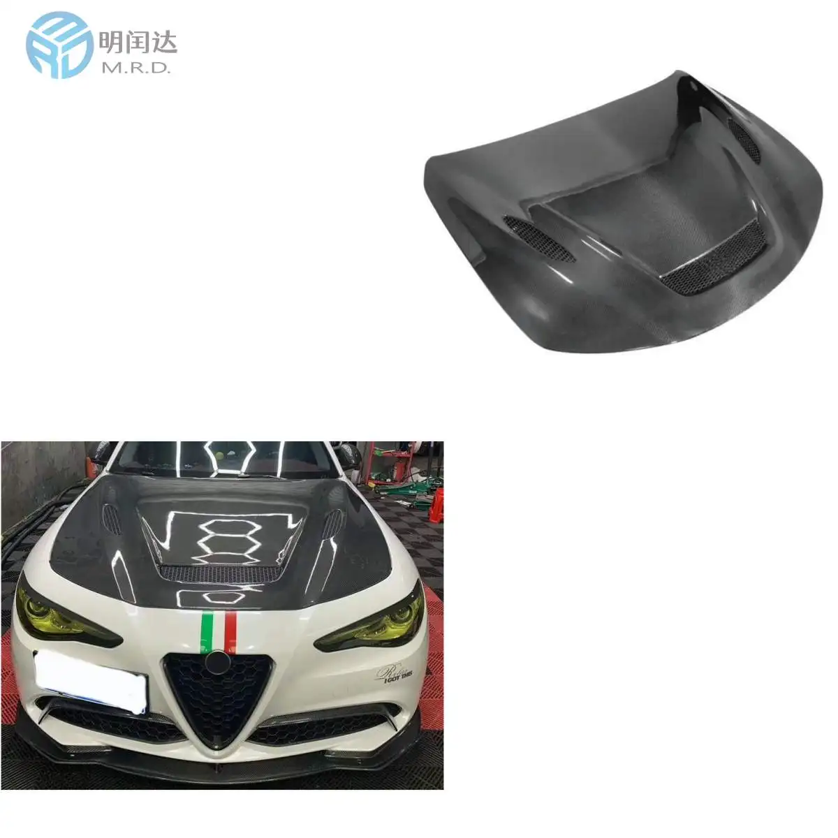 MRD Fits for Alfa Romeo Giulia Carbon Fiber Vents Engine Hood for 2016+ Romeo Giulia Quadrifoglio Replacement