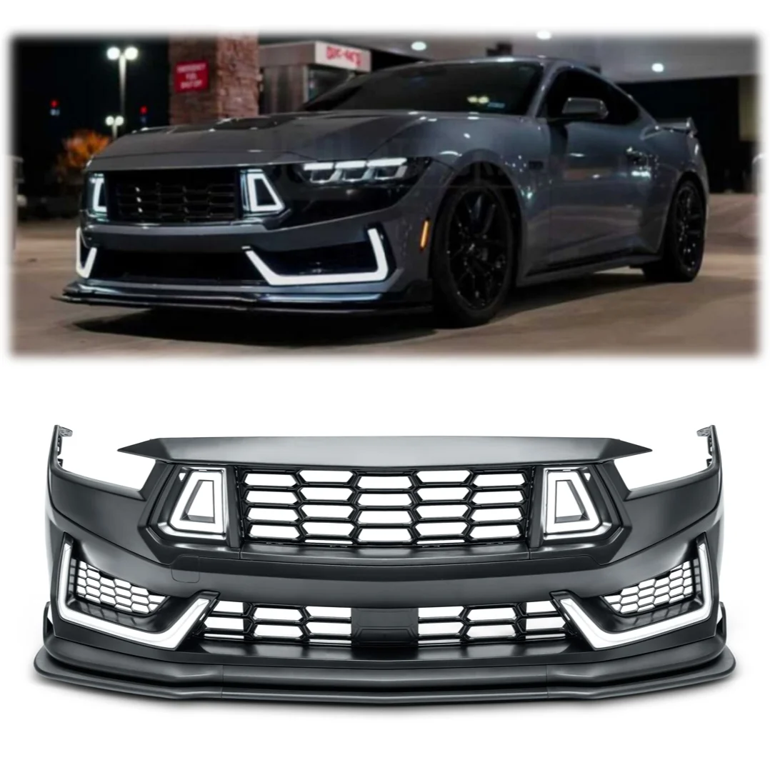 New Dark Horse Style Front Bumper Kit with LED Lights and Grille for Mustang 2024-2025 Unpainted Black PP Material (verbatim title; product rating 5.0, 1 review, 9 sold, "#4 most popular in Ford Mustang Car Bumpers")