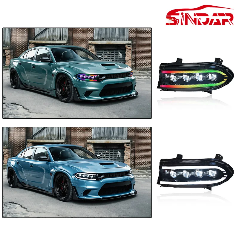 Sindar Full Rgb Modificated Headlight Four Lens Headlights Assembly For Dodge Charger Srt Hellcat 2015-2021 Facelift 7 Gen 15-21